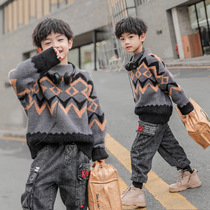 Boy high collar sweater jacket head autumn and winter style thickened 2021 new childrens mink suede CUHK suede surges