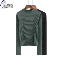 Autumn and winter new cotton slim slim collar short front pleated long sleeve base shirt inner shirt Womens T-shirt