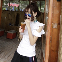 Compassionate short sleeves Slim Fit Lotus Leaf Side Leakage Shoulder White Cotton Elastic Round Collar Display Slim Blouse 100 Hitch Woman T-shirt