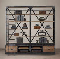 American Industrial Wind Bookshelves Iron Art Solid Wood Shelve With Stairway Creative Full Wall Bookcase Display Shelf Furniture Custom