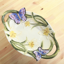 Double Ear European Style Trays Ceramic Fruit Pan Creative Fruit Basin Butterfly Home Decoration Cutlery Plate Decorated Dinner Plate