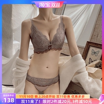 No steel ring underwear female small chest gathered adjustable sexy lace deep V anti-sagging bra set thickened and breathable