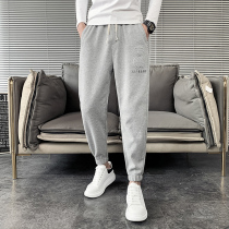 Mens gray sweatpants Autumn Tide brand leg pants Korean version of the trend Net red waffle pants mens slim casual pants