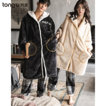 Same language coral velvet couple pajamas autumn and winter warm plus velvet home clothing female padded flannel robe suit men