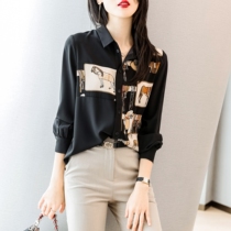 Shirt woman design feeling small crowdspring autumn new long sleeve Korean version with slim temperament print 100 hitch black snow-spinning lining
