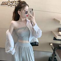 Korean casual loose short shirt bandeau vest Casual wide leg Q trousers Sunscreen clothing Womens three-piece set