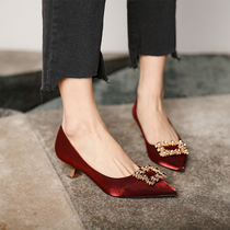 Wedding Shoes Bridesmaid High Heels Heels 2022 Spring and autumn new party button Water drill with single shoe red Show Wo Shoe