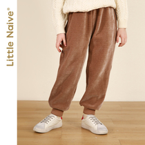 Littlenaive girls casual pants plus velvet solid color suede sports tie pants autumn and winter new childrens trousers