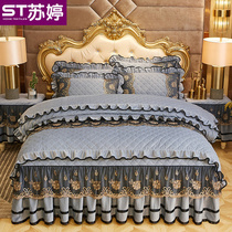 European-style cotton lace dress thickened Crystal velvet plus velvet bedding winter warm bedcover non-slip three-four-piece set