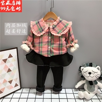 Children plus velvet padded Korean shirt Winter girl baby big lapel plaid shirt 1 year old child warm cardigan