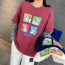 Breastfeeding clothes spring and autumn fashion out feeding stripe stitching contrast sanding T-shirt cartoon crew neck bottoming shirt