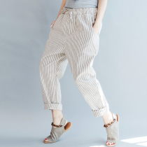 200 grams of fat mm summer dress pants casual big code 90% pants art Fan loose linen pants with slim 7-pants