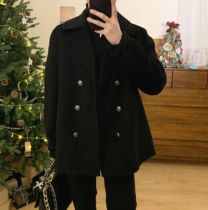 Acha and Agu black double-breasted woolen coat mens winter woolen jacket coat
