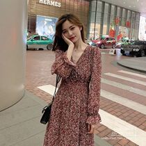  Floral dress female chiffon mid-length retro temperament thin printed fairy long skirt small 2021 new
