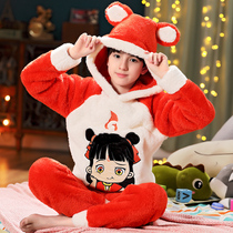 Childrens pajamas boys autumn and winter flannel thickened children coral velvet cartoon hooded middle-aged childrens home clothes