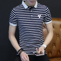 Fugui bird striped short sleeve T-shirt male turn tide pure cotton Korean version Paolo POLO shirt male summer body blouse