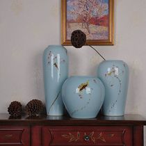 Jingdezhen ceramic vase hand-painted Lotus three-piece modern home Chinese living room crafts Vase ornaments