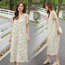 Pregnant Women summer dress 2021 New chiffon floral long skirt fashion loose fairy dress two-piece dress