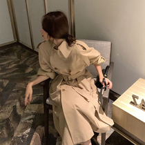 Khaki windbreaker womens 2020 new mid-length double-breasted over-the-knee autumn jacket waist Korean temperament coat
