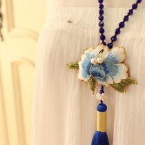  Fine workmanship***Silk hand embroidery plate golden flower**Silk tassel spike auspicious long necklace**Royal blue