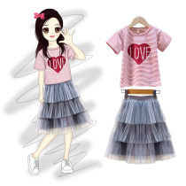 Girls summer suit Net red middle child Super foreign gas childrens summer short sleeve fashionable tide dress two-piece dress