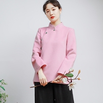 Zen clothing tea clothing women's suit retro woolen coat Chinese women's clothing modified version Tang cheongsam style buckle coat autumn