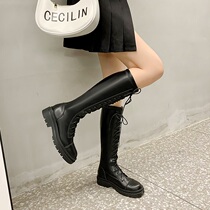 Long Drum Boots Woman Fall 2021 New Thick Bottom Rider Boots 100 Hitch Fashion Boots Black Laces Slim Tall Drum Long Boots