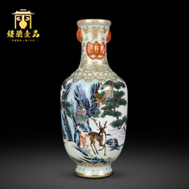 Jingdezhen porcelain Pastel gold pine deer binaural flower arrangement vase Chinese living room home decoration collection ornaments