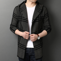 Spring and autumn hooded knitted cardigan mens long sweater long sleeve jacket Korean trend slim plaid outside