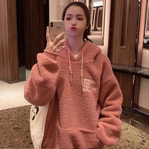 2020 autumn and winter New plus velvet thickened lamb cashmere hoodie sweater female loose lazy wind coat tide chic top