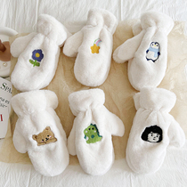 Embroidery cute plush gloves female Japan-ROK prints Ins Cartoon Winter Thickening of Warm Hair and Finger Hanging students