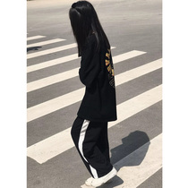Splicing Black Casual Tug Pants Woman 2022 Summer loose straight drum Pants American High Street Pumping Rope Sports Pants Tide