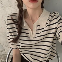 Vanya Strip V-collar Polo Shirt Summer New Fix Breakthrough T-shirt Loose Knitting Short-sleeved Top Tide