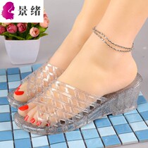 Fashion high-heel crystal slippers female summer jelly transparent plastic sandals slope heel bathroom thick soles outdoor semi-slippers