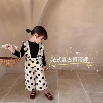 Girls wave point strap pants 2021 spring and autumn childrens baby retro wooden ear nine wide leg pants foreign style pants tide