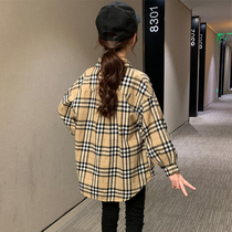 Girls plaid shirt 2021 new foreign style spring and autumn clothes large childrens long-sleeved cotton jacket childrens brushed shirt