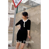 MICHELLY MO STYLE RETRO KNIT Knitted One-piece Dress White Crummy Lace Heben Windless Black Dress