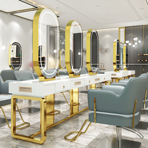 Net red hair salon mirror table Double-sided hair salon special solid wood hair cutting mirror simple with lamp barber shop hot dyeing table