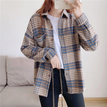 Hong Kong shirt women 2021 new spring and summer coat woolen plaid shirt Korean loose cotton top