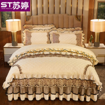 European-style cotton lace bed skirt single piece thickened double-sided velvet coral autumn and winter warm bed cover 1 8m three-piece set