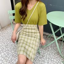 Large size Matcha green plaid skirt long high waist single-breasted split A- line dress summer dress