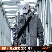 Xiaobin Guochao overwear mens tide casual loose long sleeve shirt stitching fake two multi-pocket lapel coat