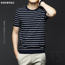 Knitted striped short sleeve T-shirt male summer slim fit round collar uptrend casual Compassionate Men 100 lap up clothes