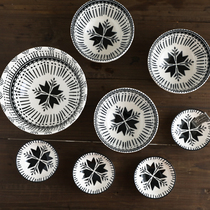 W1962 Outlet American Ceramic Stereotextural Glaze Under color black and white geometric flower-style dining bowls Tableware