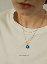 G S Arctic Star Niche Trendy Octamish Gold Coin Necklace Blogger with Drip Glazed Blue Star Lock Bone Chain