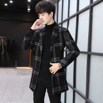 Autumn and winter mens fashion trench coat long Korean version of slim youth woolen coat trend thickened woolen coat