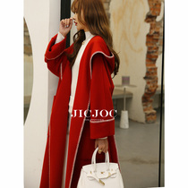 Shell embroidered red hooded double-sided cashmere coat womens full wool autumn and winter lace-up waist high-end woolen coat