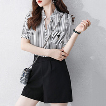 Mularsa Vertical Stripe Short Sleeve Snowspinning Shirt Woman 2022 Summer New Lean Blouse Han Fan 100 hitch