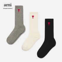 AMI men-and-woman classic love cotton-blend casual minimalist embroidered triple-pair socks