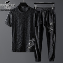 Fugui Bird New ice silk T-shirt short sleeve mens leisure sports suit Chinese style printing Korean trend two-piece set